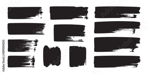 Grungy black ink brush strokes collection with thick rectangular shapes and hand painted textured paint marks