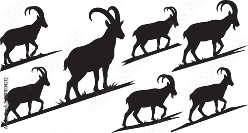 Black silhouettes of goats walking on a white background