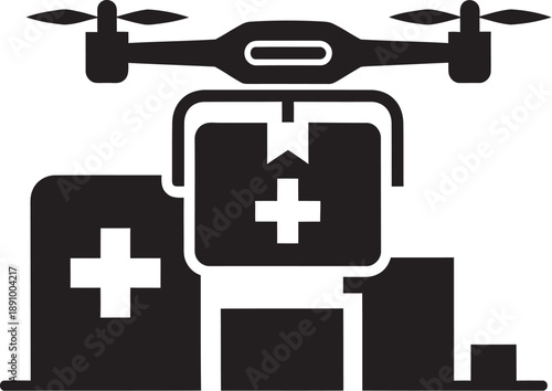 Medical drone delivery concept with first aid kit package and urban cityscape background for healthcare and emergency response services