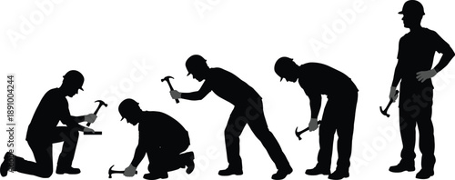 Construction worker silhouettes showing hammering sequence, manual labor process, builders at work, black figures isolated on white background illustration, minimal industrial concept design