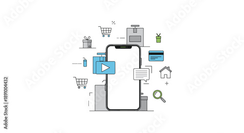 E-commerce vector background with shopping cart, gift box, credit card, and tags, symbolizing online shopping and digital transactions