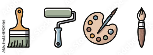 Set of four colorful tools for painting and drawing including two brushes a paint roller and a palette