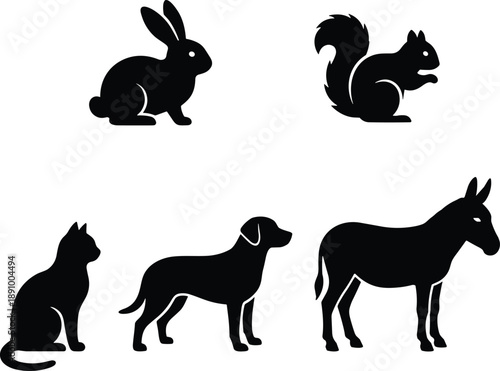 Domestic animal silhouettes set including rabbit squirrel cat dog donkey pets mammals icons isolated on white background black vector illustration