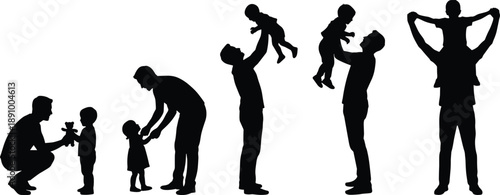 Father and child growth stages silhouette, parenting and family life concept illustration, dad playing with baby and toddler, black figures isolated on white background