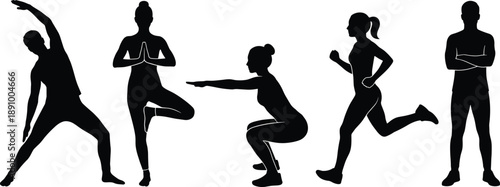 Female fitness silhouettes showing yoga balance squat running stretching workout poses isolated on white background for exercise training health wellness concept illustration set