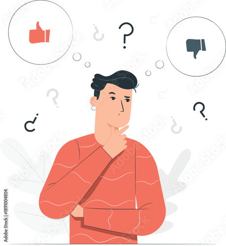 Man pondering decision with thought bubbles of like and dislike symbols surrounding him