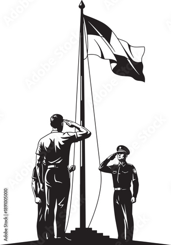 Military soldiers saluting national flag Vector