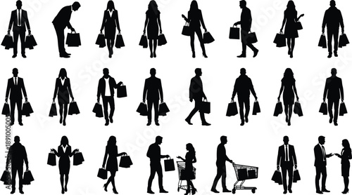 Large collection of shopping people silhouettes showing men and women carrying bags, walking, standing and interacting isolated on white background for retail and consumer lifestyle concepts