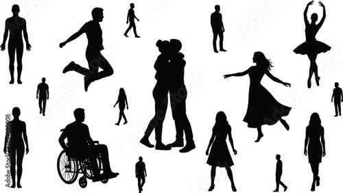 Large collection of human silhouettes showing people walking, jumping, dancing, hugging and using wheelchair symbolizing daily life, diversity, movement and social interaction isolated 