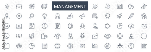 business and management line icons set, management icon collection, vector illustration, team, leadership, office, corporate, workflow, planning, business strategy design.