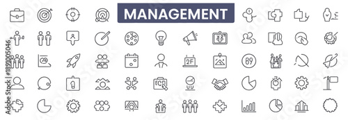 business and management line icons set, management icon collection, vector illustrator, corporate teamwork, leadership, office workflow, planning, business strategy, organization icons.