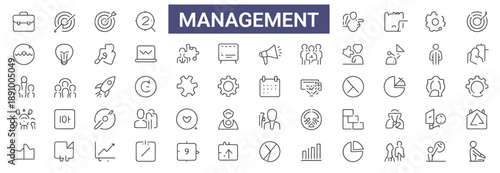 business and management line icons set, management icon collection, vector illustration, business strategy, team collaboration, leadership, office planning, corporate workflow icons.
