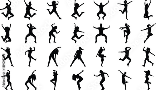 Large set of jumping and dancing people silhouettes isolated on white background showing energy, freedom, happiness, celebration, movement, fitness, youth lifestyle, success and joy concept