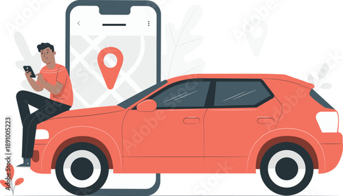 Man sitting on a car with a smartphone displaying a map and location pin nearby