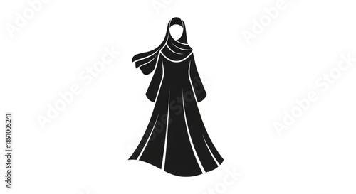Woman wearing a traditional black abaya with white outlines standing alone in a simple environment