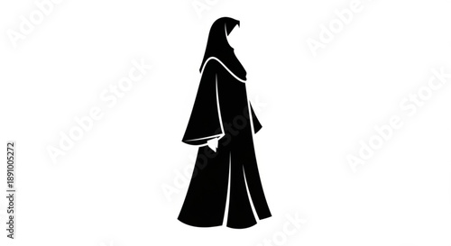 Silhouette of a woman wearing a traditional middle eastern or islamic abaya with white outline on a plain background