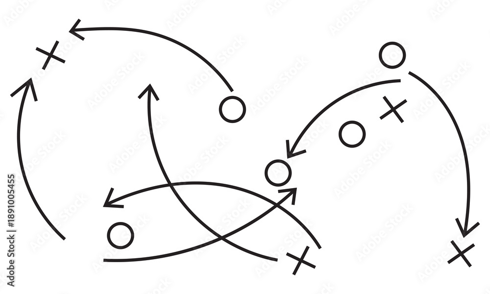 Obraz premium Hand draw strategy game plan icon. Sketch style illustration of arrows with X and O symbols, representing sports tactics, coaching strategy, team movement, and game planning concepts. 