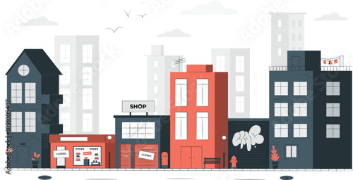 Cityscape illustration featuring buildings, architecture, and urban landscape from a street-level viewpoint