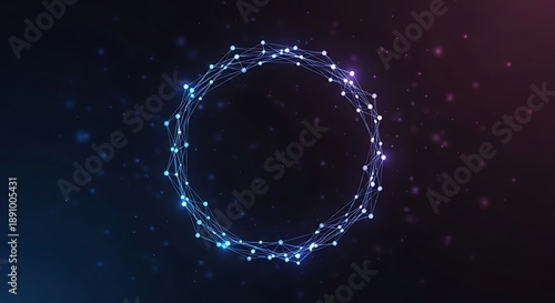 Abstract luminous digital circle composed of connected nodes floats against a dark gradient background creating a.