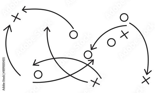 Hand draw strategy game plan icon. Sketch style illustration of arrows with X and O symbols, representing sports tactics, coaching strategy, team movement, and game planning concepts.
