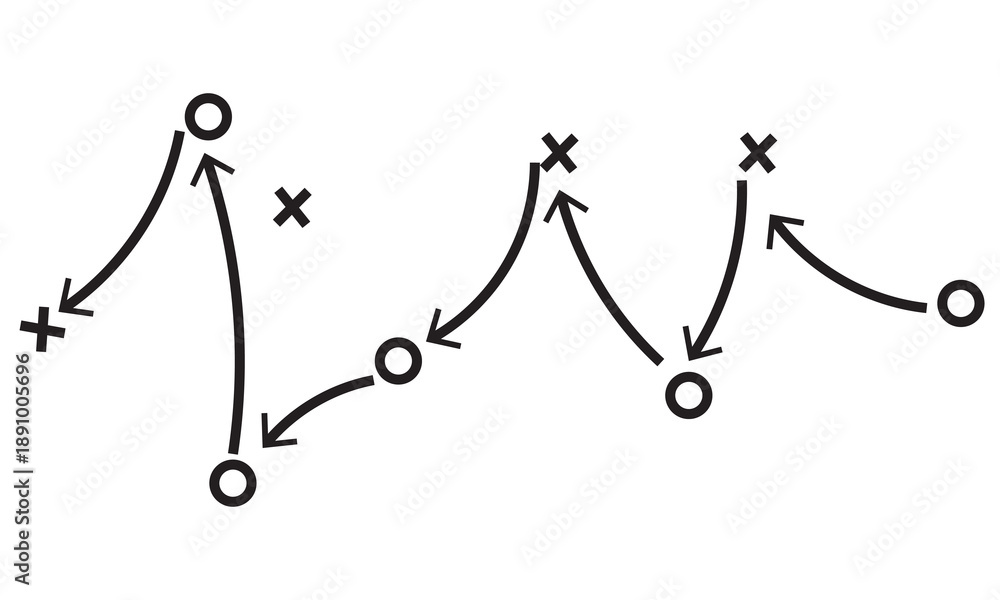 Fototapeta premium Hand draw strategy game plan icon. Sketch style illustration of arrows with X and O symbols, representing sports tactics, coaching strategy, team movement, and game planning concepts. 
