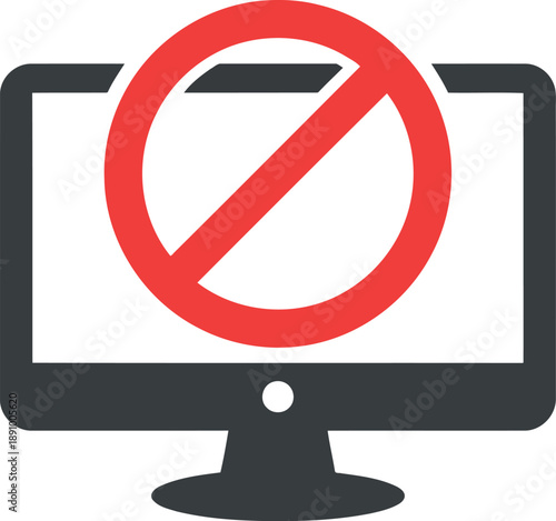 Computer monitor with red prohibition sign indicating restricted or blocked website access