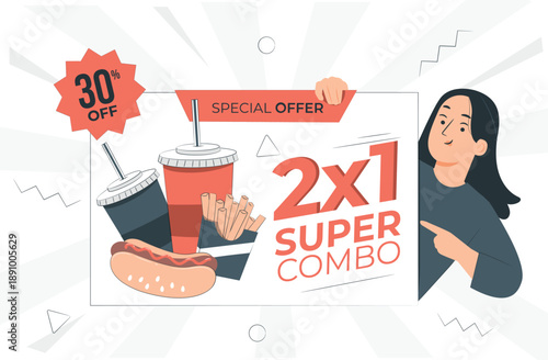 Woman promoting a special fast food combo offer with discounted meal deal