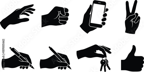 Set of human hand gesture silhouettes showing holding smartphone, writing with pen, thumbs up, victory sign and keys isolated on white background for icon and symbol design