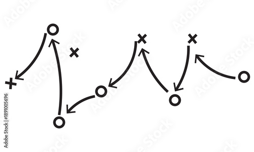 Hand draw strategy game plan icon. Sketch style illustration of arrows with X and O symbols, representing sports tactics, coaching strategy, team movement, and game planning concepts.
