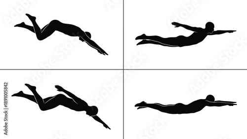 Set of human silhouette figures in flying or diving poses symbolizing freedom, motion, imagination and dynamic body movement isolated on white background for creative concept design