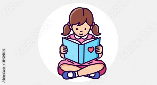 Little girl sitting cross legged reading book with heart on cover educational concept