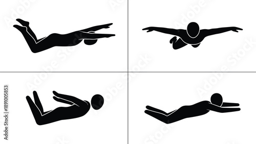 Set of human silhouette figures in flying or swimming poses symbolizing freedom, motion, imagination and body movement isolated on white background for concept and design use