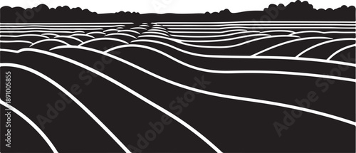 Black and white illustration of wavy field landscape