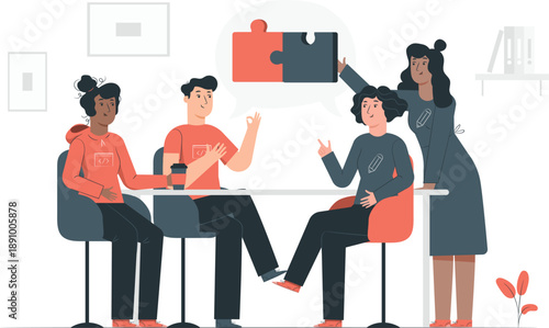 Group of people collaborating around a table, assembling puzzle pieces together in a modern office setting