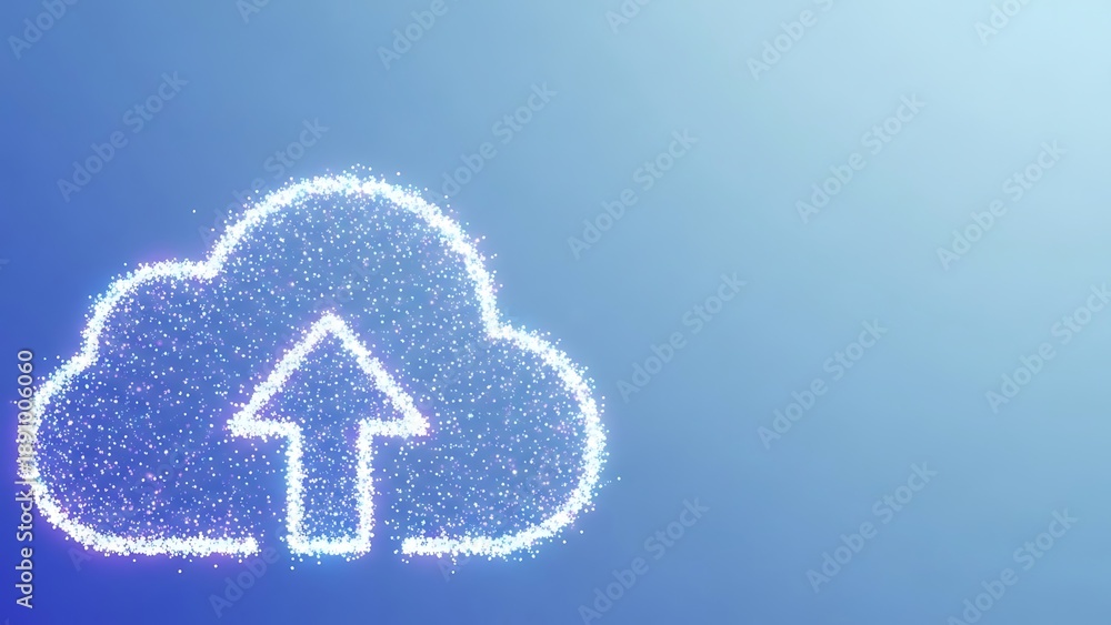 Naklejka premium Glowing blue particle cloud icon with an upward pointing arrow represents digital information transfer or cloud.