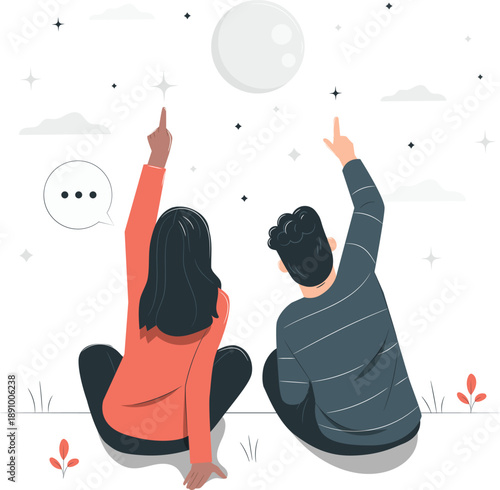 Couple sitting together under the night sky, gazing at the moon and stars, enjoying a serene evening landscape view