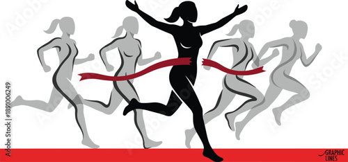 Silhouette of a female runner breaking the finish line ribbon symbolizing victory, success, motivation and achievement isolated on white background for sport and competition concept