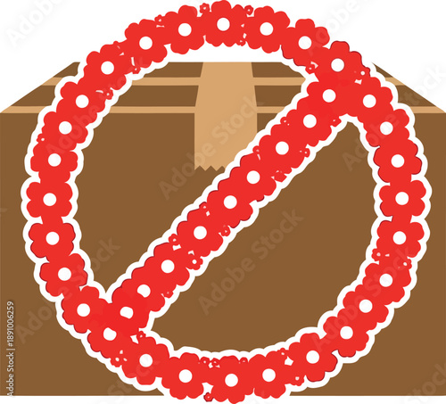 No Lei Shipping Symbol with Red Floral Prohibition Sign Over Cardboard Box Vector Illustration