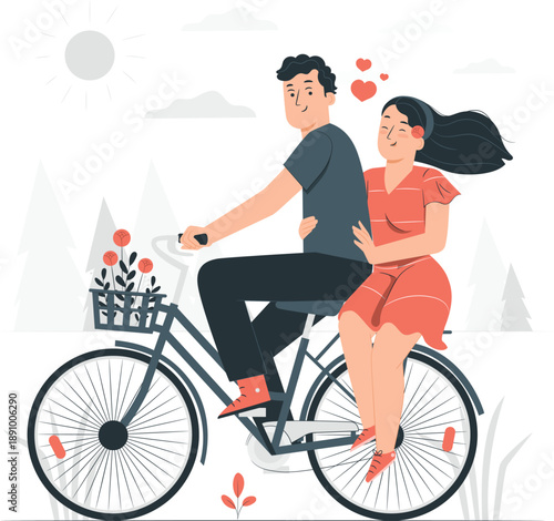 Couple riding a bicycle together through a serene landscape on a romantic evening with love hearts floating around them illustration