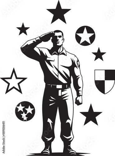 Saluting soldier with stars and shield Vector