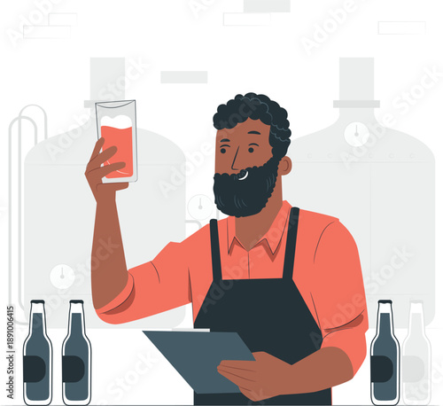 Illustration of a bearded man in an apron examining a bottle of red liquid in a production setting