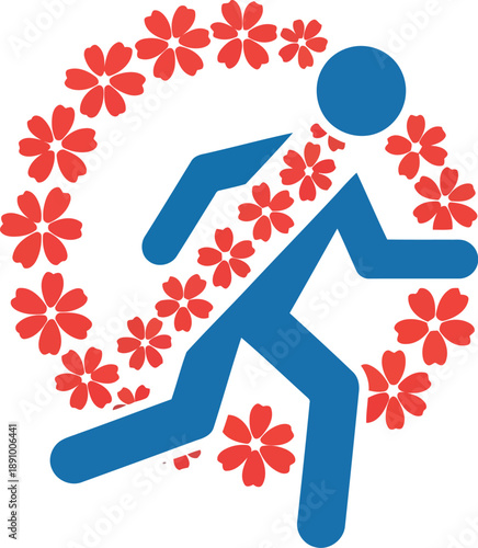 Spring marathon runner icon with cherry blossom flowers, blue silhouette, seasonal sports vector illustration