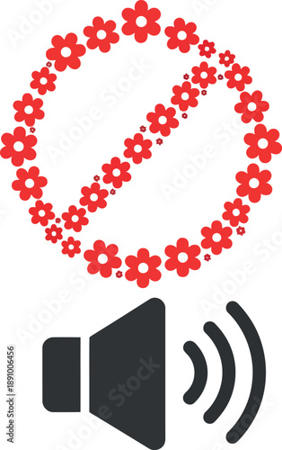 No Sound Allergy Symbol with Red Floral Prohibition Sign and Audio Icon Vector Illustration