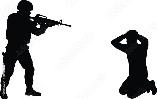 Silhouette of armed soldier aiming rifle at kneeling civilian representing war conflict, military threat, fear and human rights crisis isolated on white background for political concept