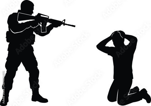 Silhouette of armed soldier aiming rifle at kneeling civilian symbolizing conflict, war threat, violence and human rights crisis isolated on white background for political and security concepts