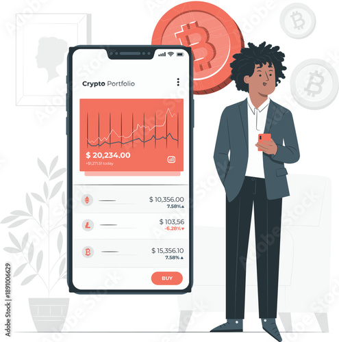 Illustration of a man viewing cryptocurrency portfolio on phone with charts and bitcoin