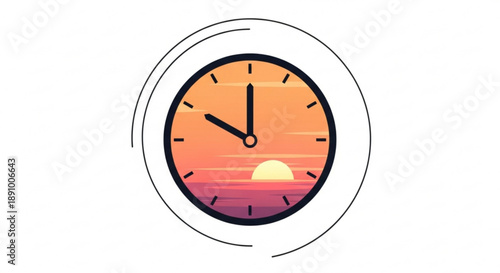 Clock face with sunset background and black hands showing time circular motion lines around clock