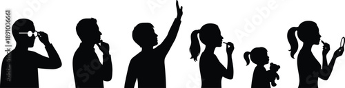 Silhouette sequence of people from childhood to adulthood showing daily activities, growth, lifestyle changes and human development stages isolated on white background for social concept design