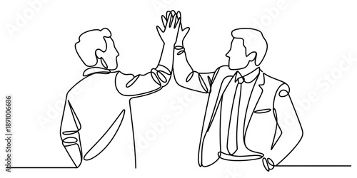Continuous line drawing of two businessmen celebrating with a high five gesture Vector, illustration