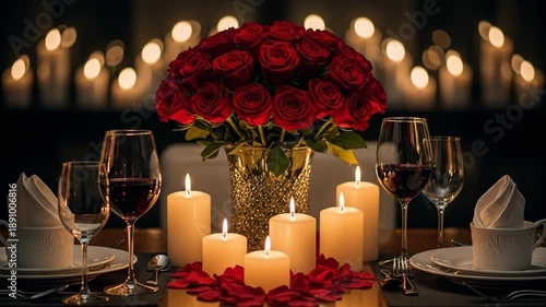 Wallpaper Mural Romantic animated dinner table setup with red roses bouquet candles and wine glasses. Elegant candlelit scene for valentine celebration. Blurred background lights with rose petals on plates and Torontodigital.ca